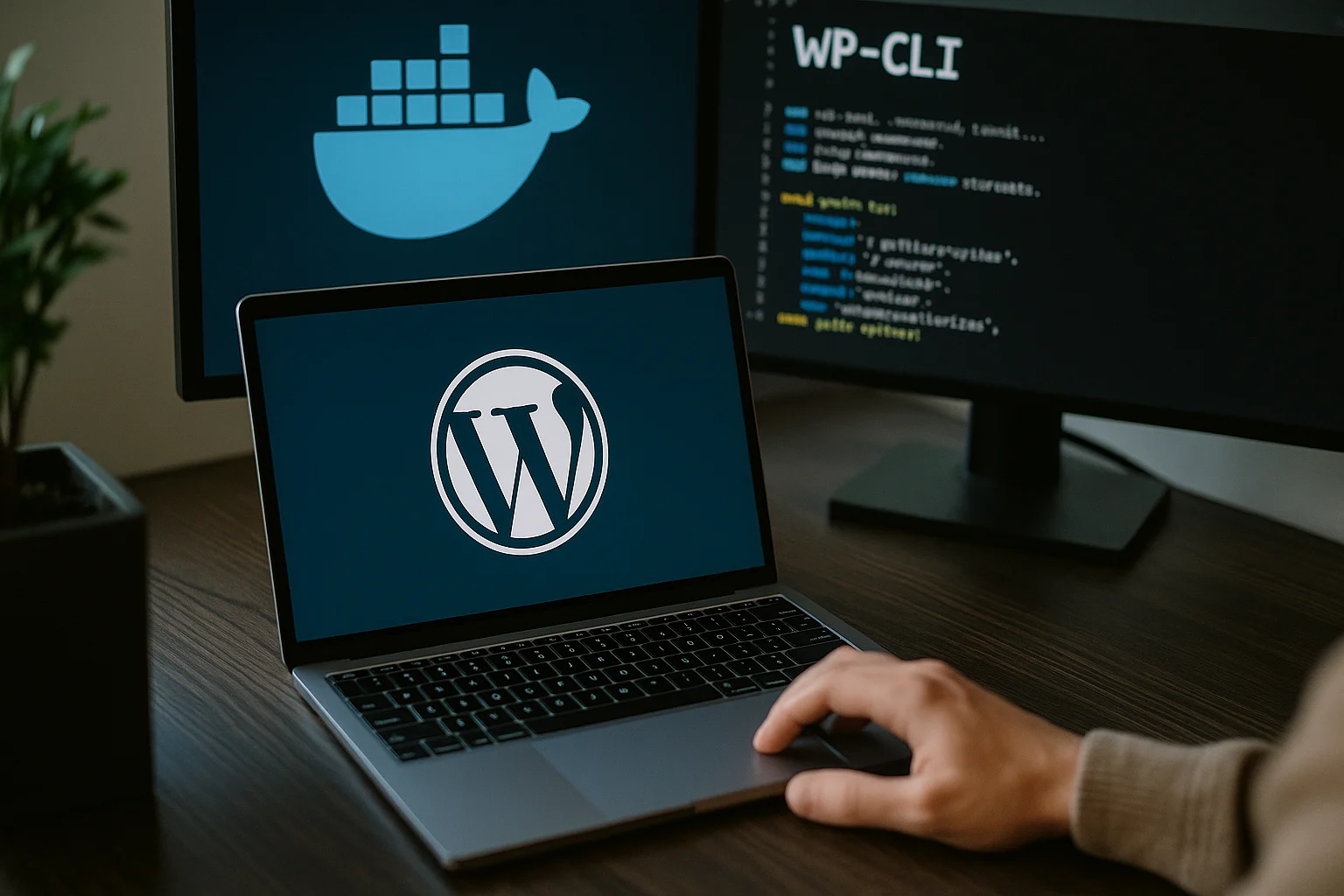 شخص يستخدم الحاسوب مع شعار ووردبريس